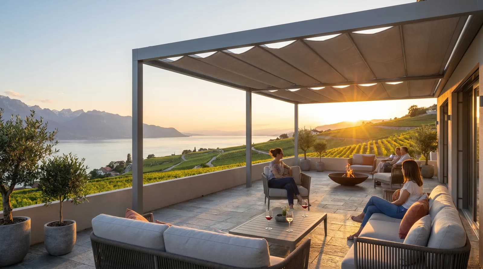 Terrasse aménagée avec mobilier outdoor face au lac Léman
