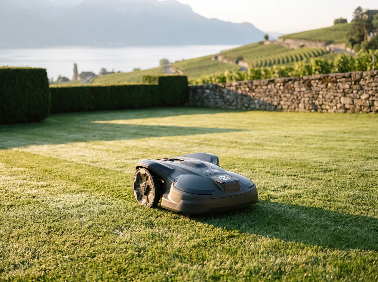 Robot tondeuse sur une pelouse rayée, vignes de Lavaux et Léman en arrière-plan